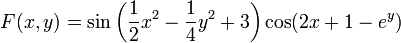 F(x,y)=\sin\left(\frac{1}{2} x^2 - \frac{1}{4} y^2 + 3 \right) \cos(2 x+1-e^y)