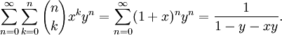 \sum_{n=0}^{\infty} \sum_{k=0}^n {n\choose k} x^k y^n = \sum_{n=0}^{\infty} (1+x)^n y^n = \frac{1}{1-y-xy}.