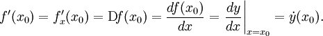 f'(x_0) = f'_x(x_0)=\mathrm{D}\!f(x_0) = \frac{df(x_0)}{dx} = \left.\frac{dy}{dx}\right\vert_{x = x_0} = \dot{y}(x_0).
