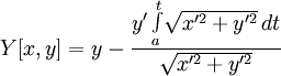 Y[x,y]=y-\frac{y'\int\limits_a^t\limits\! \sqrt { x'^2 + y'^2 }\, dt}{\sqrt { x'^2 + y'^2 }}