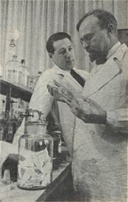 Aleksandr Oparin and Andrei Kursanov in enzymology laboratory 1938.jpg