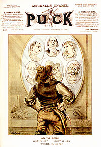 Обложка журнала Пак от 21 сентября 1889 года, на которой изображён неизвестный убийца, именуемый Джек Потрошитель