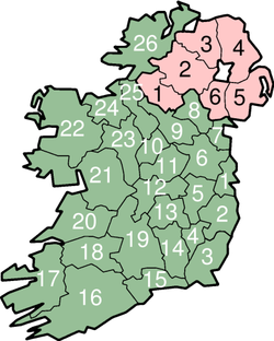 Карта Ирландии с пронумерованными графствами.