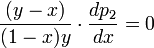 ~\frac{(y-x)}{(1-x)y}\cdot\frac{dp_2}{dx}=0