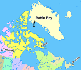 Море Баффина, находится между провинцией Нунавут (Канада) и Гренландией.     Нунавут     Квебек     Ньюфаундленд и Лабрадор     Северные территории     Территории, не принадлежащие Канаде (Гренландия, Исландия)