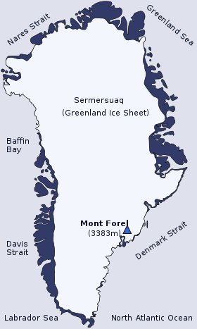 Расположение горы Форель на карте Гренландии.