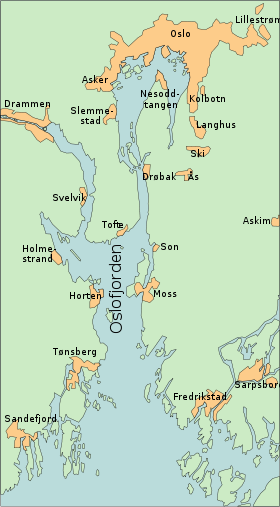 Карта Осло-фьорда с прилегающими к нему населеными пунктами