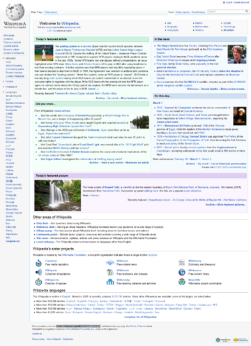 Заглавная страница англоязычной Википедии на 28 января 2011