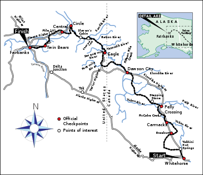A map showing landmarks along the Yukon Quest race route, starting in Whitehorse, Yukon Territory, and traveling northwest to Fairbanks, Alaska. Rivers, highways, and points of interest are included.