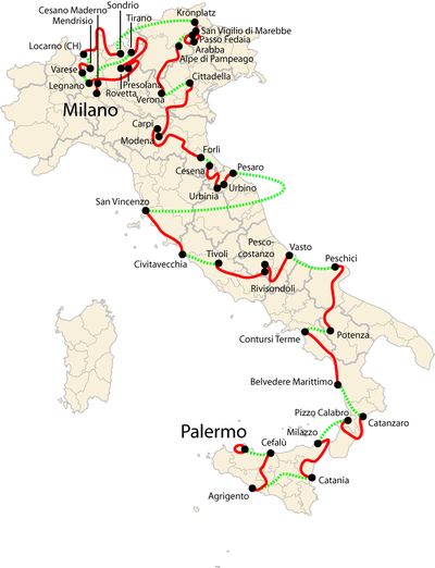 Карта Италии с нанесенным маршрутом гонки, которая начиналась на острове Сардиния, южнее итальянского полуострова и уходила на север через всю страну оканчиваясь в Милане