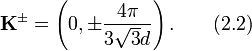 
\textbf{K}^{\pm}=\left(0,\pm\frac{4\pi}{3\sqrt{3}d}\right).\qquad (2.2)
